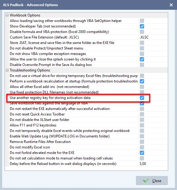 Fenster der erweiterten Optionen mit aktivierter Option Use another registry key for storing activation data