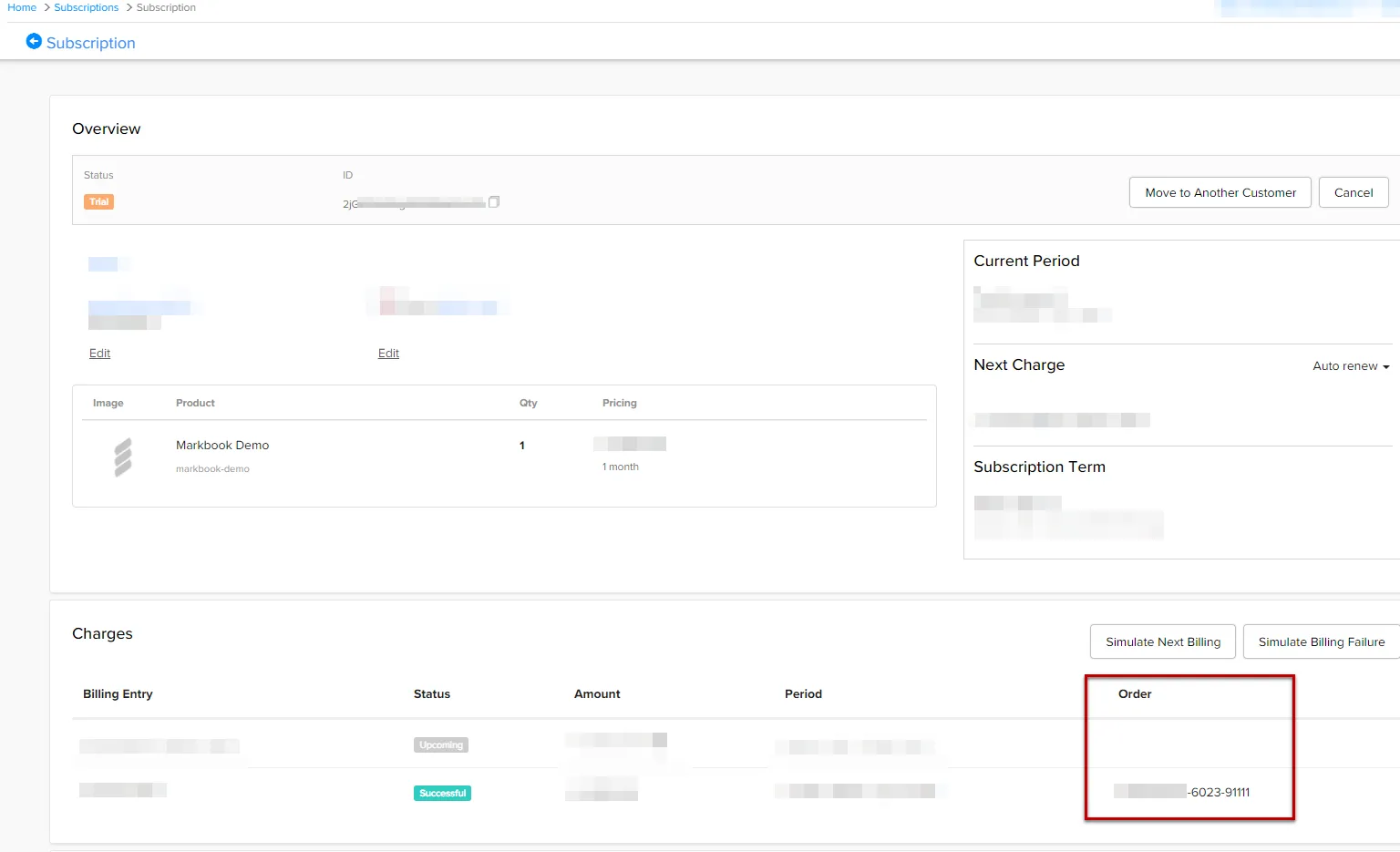Commande initiale d'un abonnement affichée dans la liste des commandes FastSpring