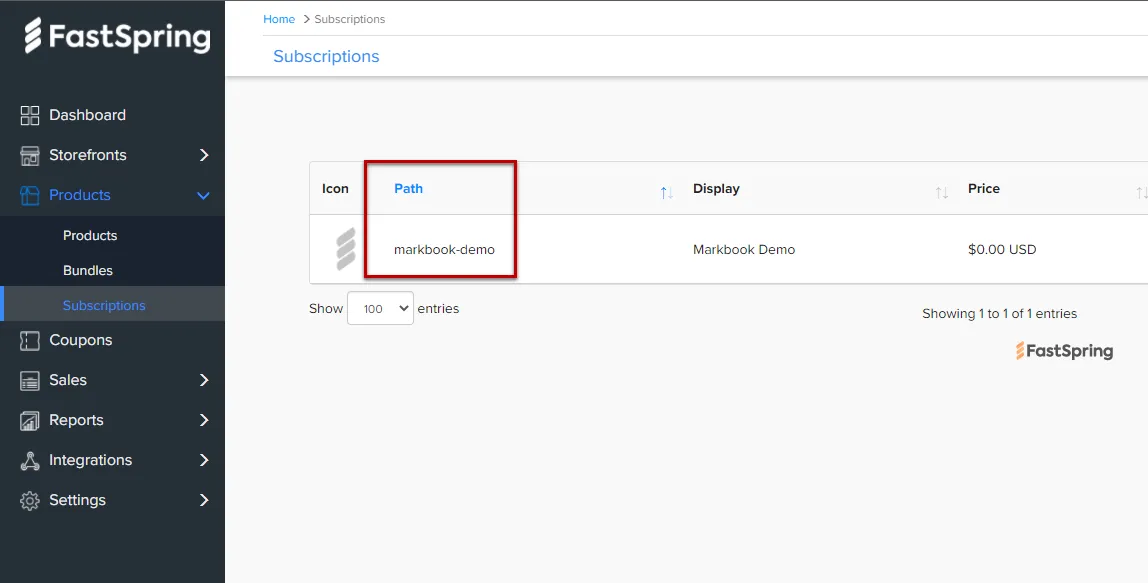 Page Subscriptions du tableau de bord FastSpring affichant le chemin du produit marbook-demo