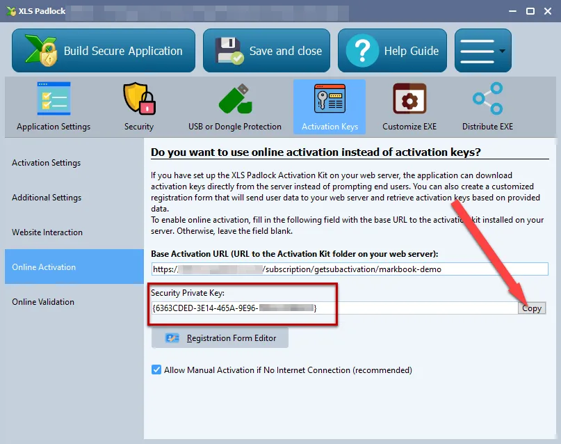 Page Online Activation de XLS Padlock avec le bouton Generate keypair pour la clé de signature