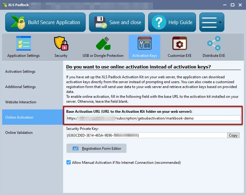 Page Online Activation de XLS Padlock avec le champ Base Activation URL renseigné