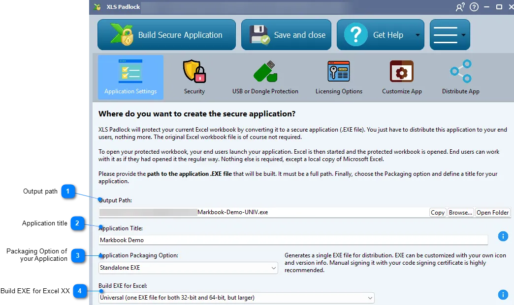 Seite Application Settings von XLS Padlock mit den Feldern Output Path und Application Title