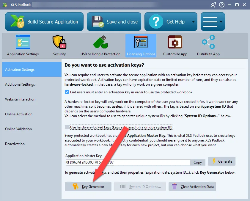 XLS Padlock Key Generator Fenster zum Erstellen von Aktivierungsschlüsseln