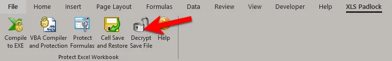 Faixa de opções do XLS Padlock no Excel com o comando Decrypt Save File destacado