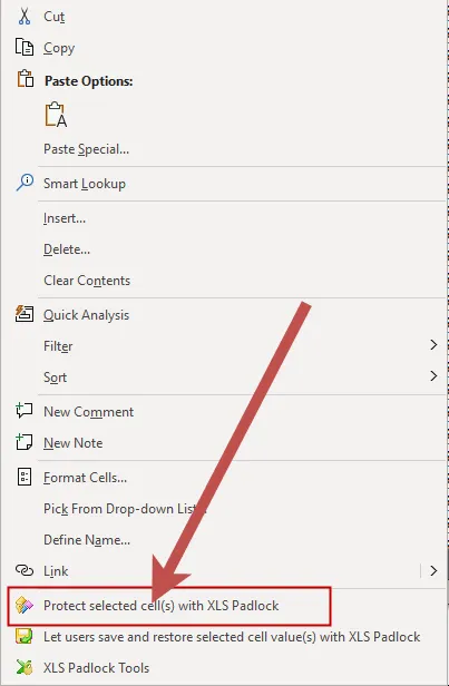 Excel-Kontextmenü mit dem Befehl Protect selected cells with XLS Padlock
