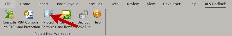 XLS Padlock-Tab in Excel mit hervorgehobener Schaltfläche Protect Formulas