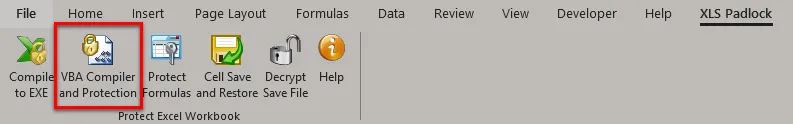 XLS Padlock-Symbolleiste in Excel mit hervorgehobener Schaltfläche VBA Compiler and Protection