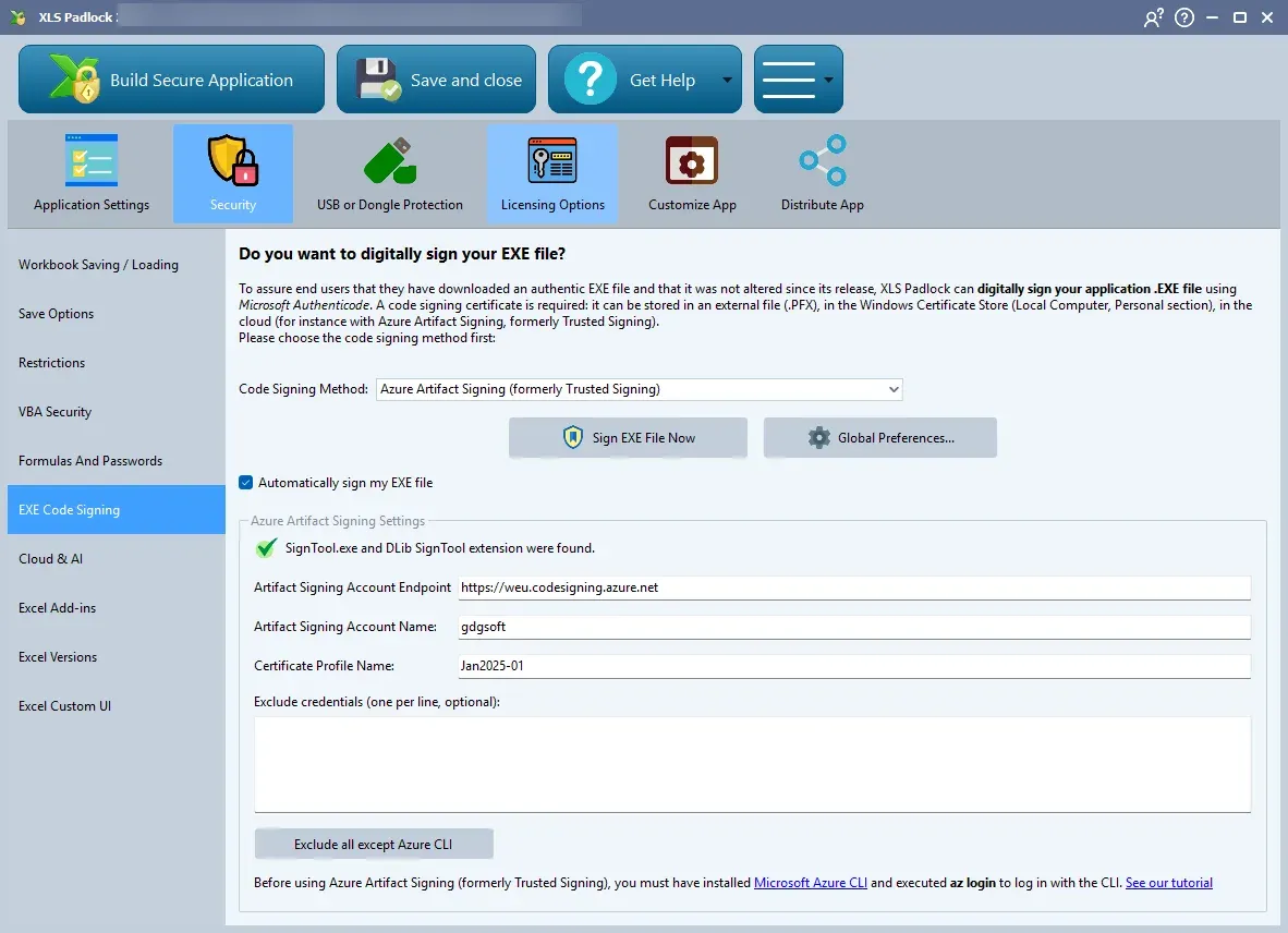 EXE Code Signing page with the Azure Artifact Signing method selected, showing the Exclude credentials field and the Exclude all except Azure CLI button