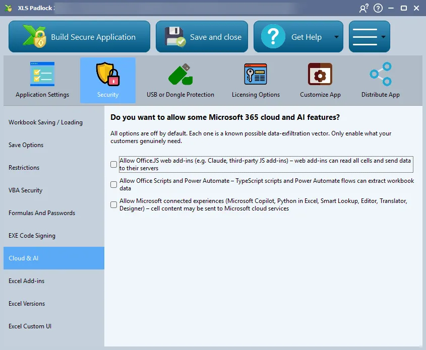 The Cloud and AI page under the Security tab, showing the three Microsoft 365 cloud and AI options, all unchecked by default.