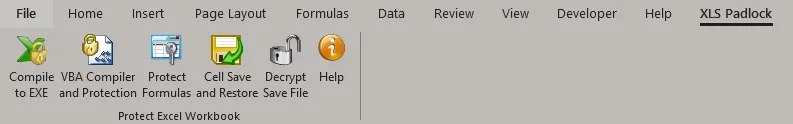 XLS Padlock-Registerkarte nach der Installation im Excel-Menüband integriert