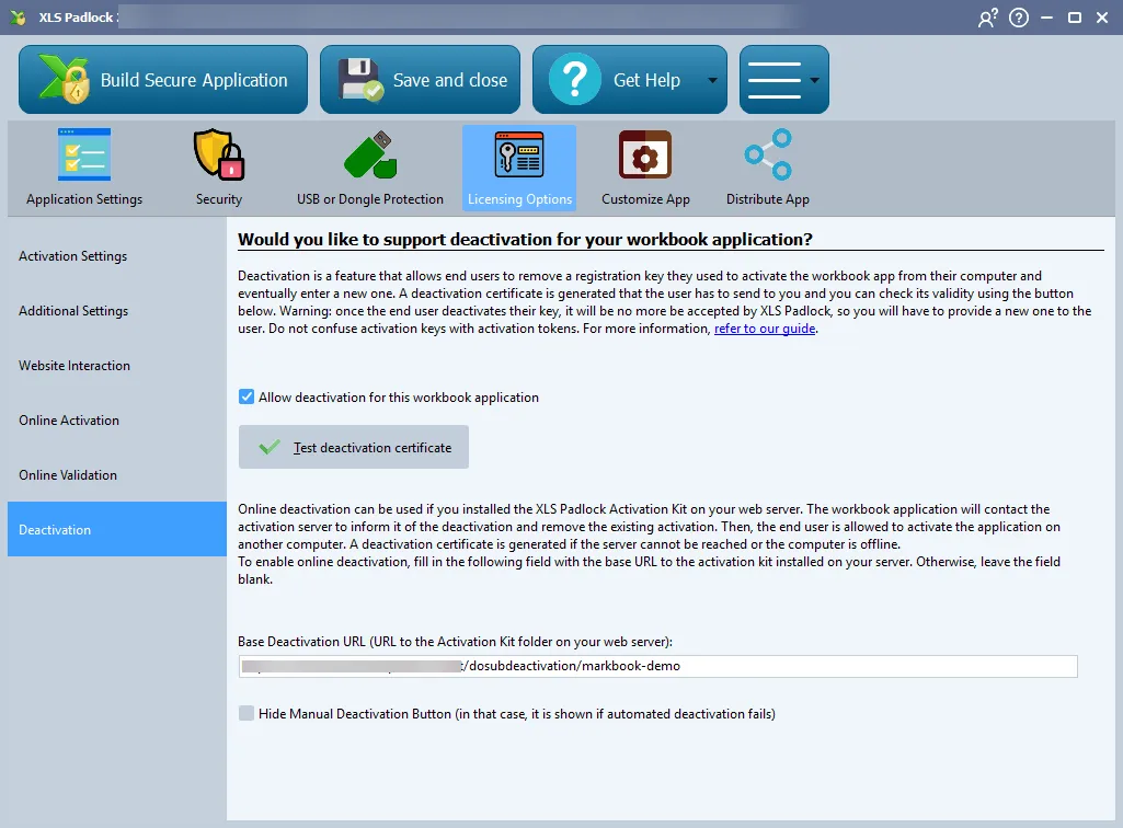 Option Allow deactivation cochée et champ Base Deactivation URL renseigné dans XLS Padlock