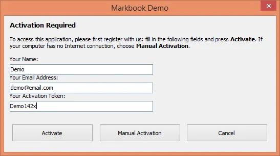 Activation dialog showing three custom registration fields for name, email, and token