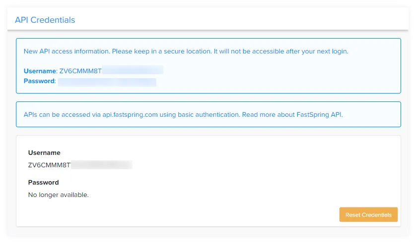 Page des identifiants de l'API dans le tableau de bord FastSpring