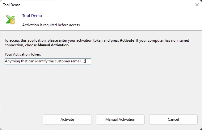 The activation dialog shown to the end user, asking for an activation token