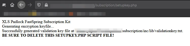 Confirmation dans le navigateur que la clé de chiffrement locale a bien été créée par setupkey.php