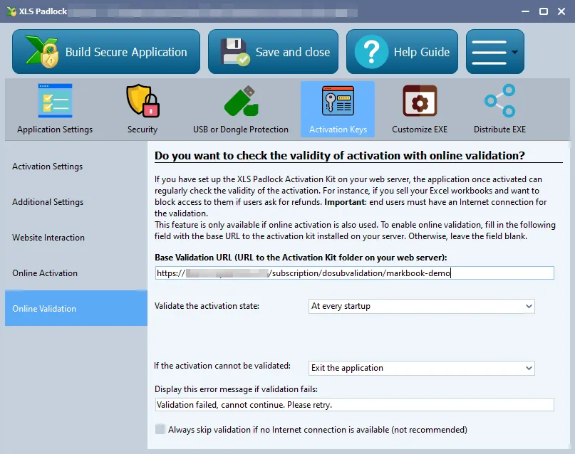 Champ Base Validation URL renseigné pour activer la validation dans XLS Padlock