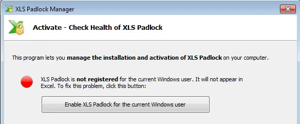 Schaltfläche Enable XLS Padlock for the current Windows user im Manager