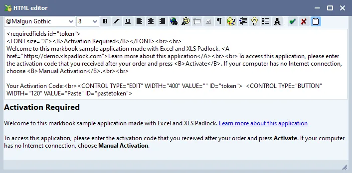 Registration Form Editor von XLS Padlock mit HTML-Quelltext und Live-Vorschau des Textes im Aktivierungsdialog
