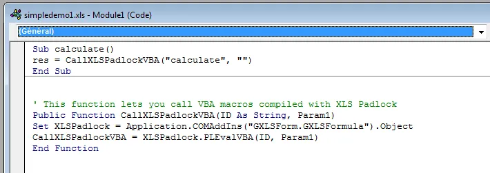 Das Makro calculate(), nach der VBA-Kompilierung auf einen Aufruf des kompilierten Bytecodes reduziert