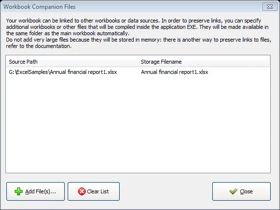 Bereich für Begleitdateien in XLS Padlock mit aufgelisteten gebündelten Dateien und ihrer Spalte Storage Filename