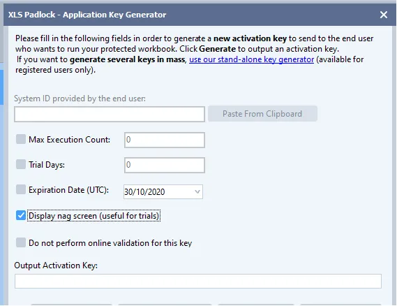 XLS Padlock Aktivierungsschlüssel-Option mit aktiviertem Testversions-Kennzeichen display nag screen