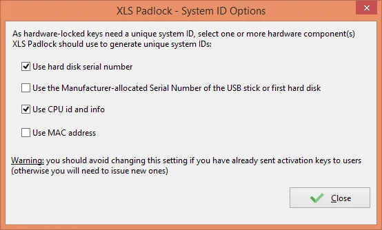 System ID Options Dialog zur Auswahl der für die System ID verwendeten Hardwarekomponenten