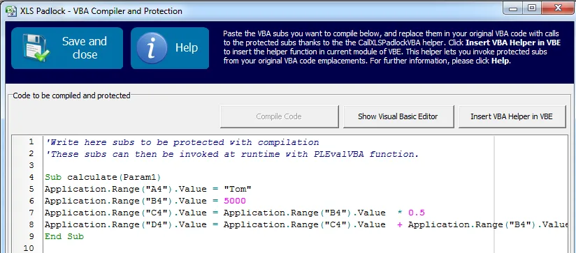 Código original movido para o editor VBA do XLS Padlock para compilação