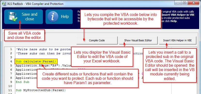 Fenster des VBA-Editors und -Compilers von XLS Padlock mit dem Code-Textbereich und der Schaltfläche Compile Code