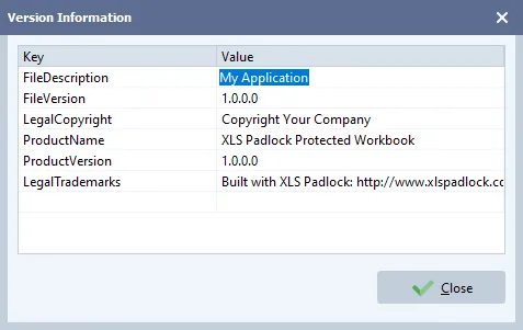 Janela Customize EXE Version Info com campos para descrição do arquivo, versão e copyright