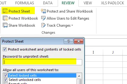 In Excel integriertes Dialogfeld für den Blattschutz, mit dem der Zugriff auf Zellen eingeschränkt wird