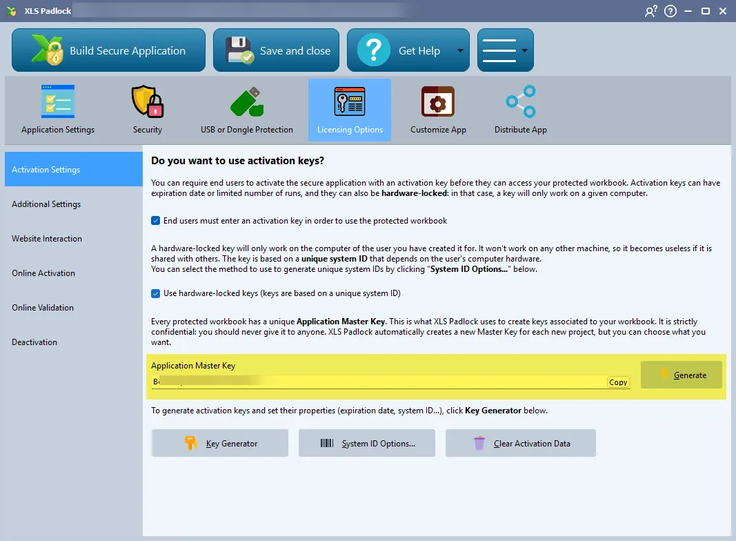 XLS Padlock Activation Keys / Activation Settings page showing the Application Master Key field