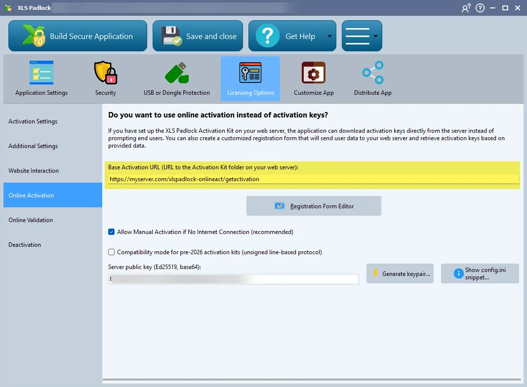XLS Padlock Online Activation page showing the Base Activation URL field