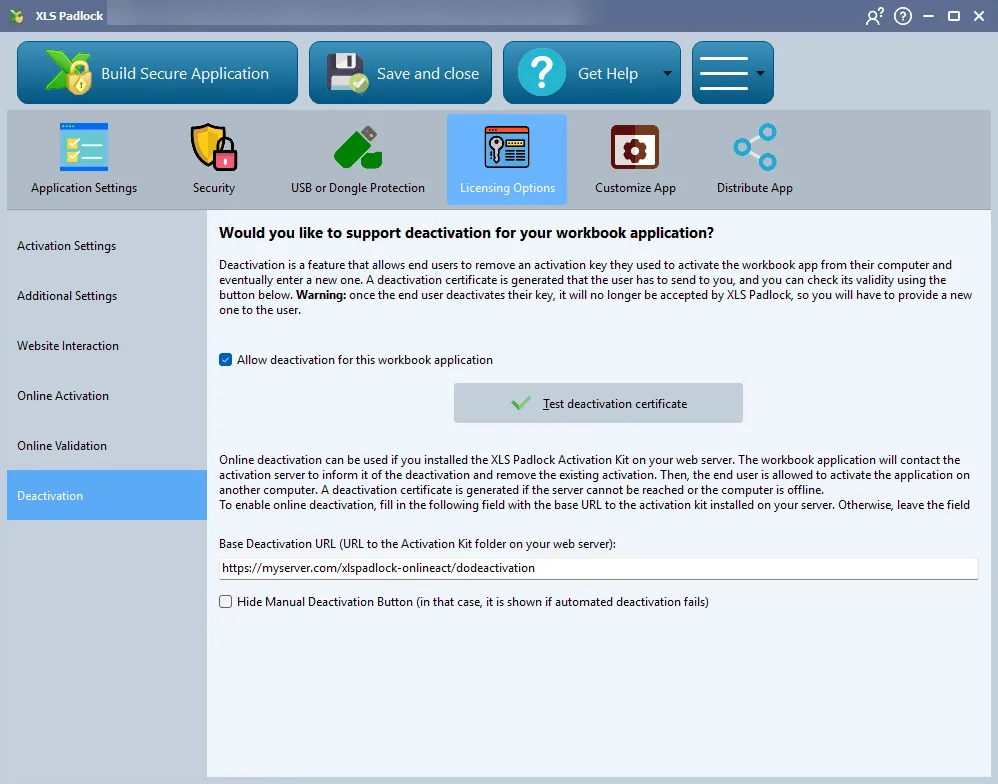 XLS Padlock Deactivation settings page with the allow deactivation option enabled