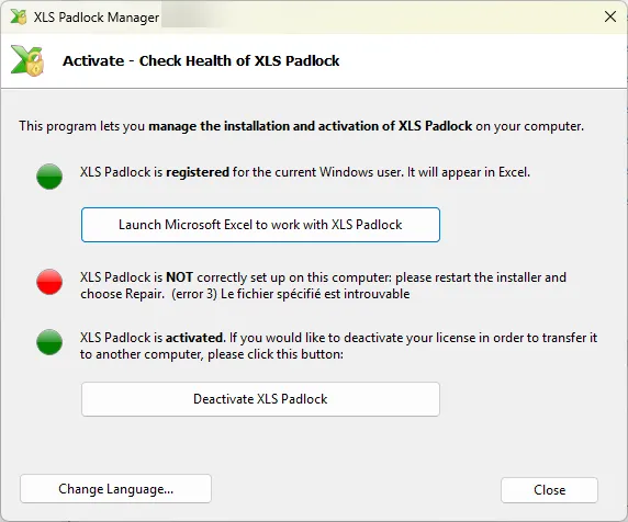 Fenster des XLS Padlock Manager mit Statusanzeigen für Einrichtung und Registrierung