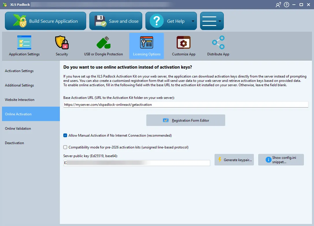 XLS Padlock 2026 Online Activation page with the Ed25519 server public key and Base Activation URL