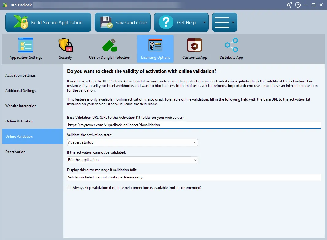 XLS Padlock Online Validation settings page