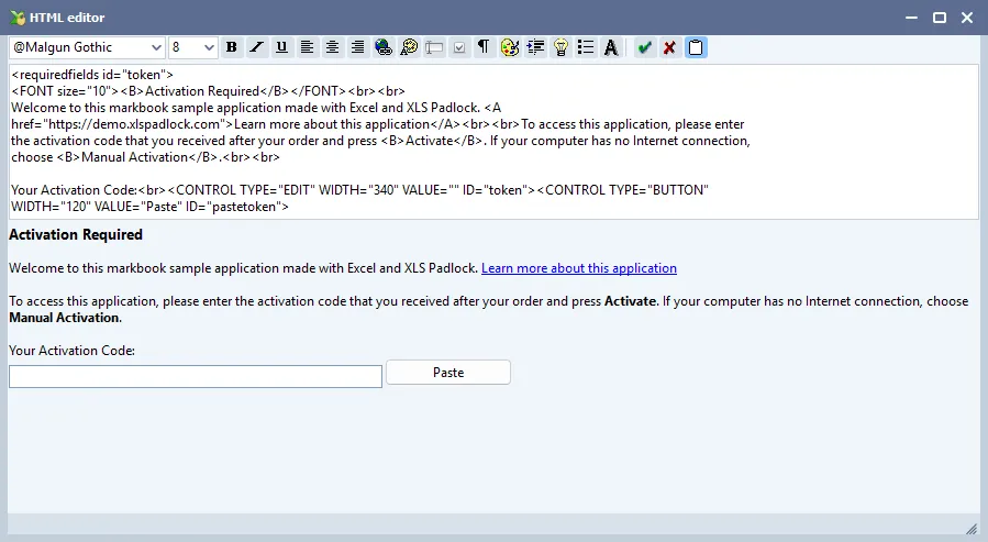 XLS Padlock Online Activation page showing the registration form editor