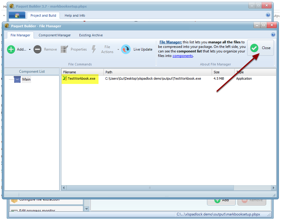 As you can see, the compiled workbook TestWorkbook.exe is listed.