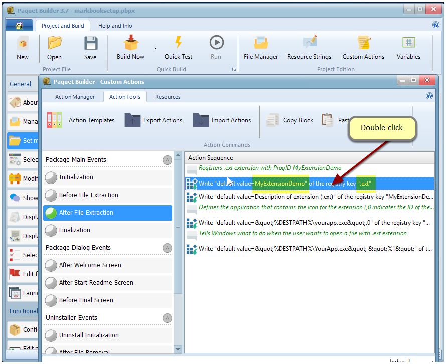 Custom actions are created to register the file association. We need to edit them to create the correct association. First, we need to change all .ext to .mbx (the extension we chose at the start)