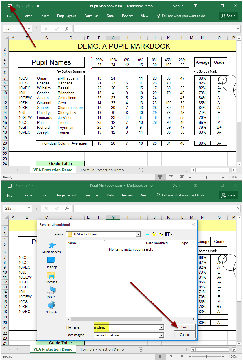 The secure workbook is displayed in Excel. Just click Save to create an encrypted save file and choose its filename