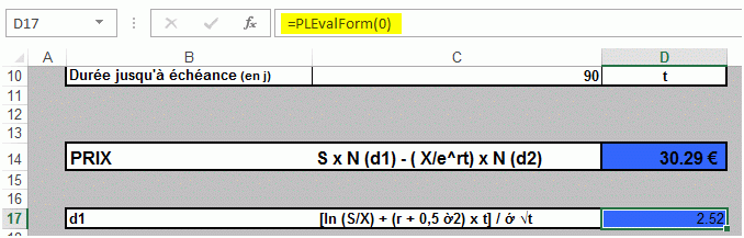 Eine Excel-Bearbeitungsleiste, die den verschlüsselten XLS-Padlock-Aufruf =PLEvalForm(0) anstelle der ursprünglichen Formel des Preismodells zeigt, während die Zelle weiterhin ihr berechnetes Ergebnis anzeigt.