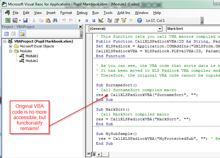 Der VBA-Editor, geöffnet auf der kompilierten Markbook-Arbeitsmappe, der nur noch CallXLSPadlockVBA-Stub-Aufrufe dort zeigt, wo zuvor die Routinen SurnameSort und MarkSort standen, mit einem Hinweis, dass der ursprüngliche VBA-Code nicht mehr zugänglich ist, die Funktionalität aber erhalten bleibt.