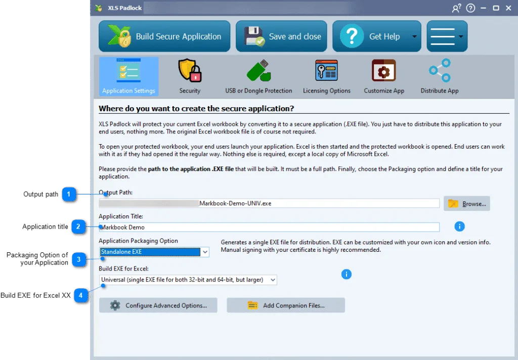 The XLS Padlock Application Settings window with the Build EXE for Excel list (point 4) set to Universal, alongside the output path, application title, and packaging option.
