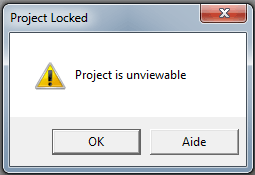 Ein Dialogfeld Project Locked mit der Meldung Project is unviewable, das beim Öffnen des VBA-Projekts einer kompilierten Arbeitsmappe angezeigt wird.