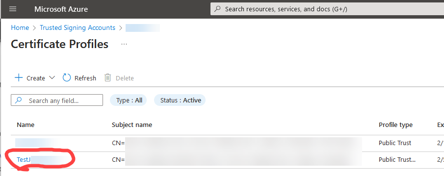 perfil de certificado de azure
