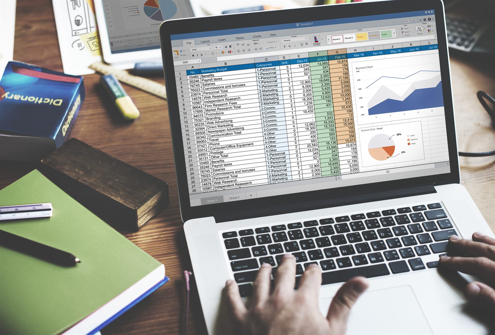 A person working on a laptop in a protected Excel workbook filled with figures and charts