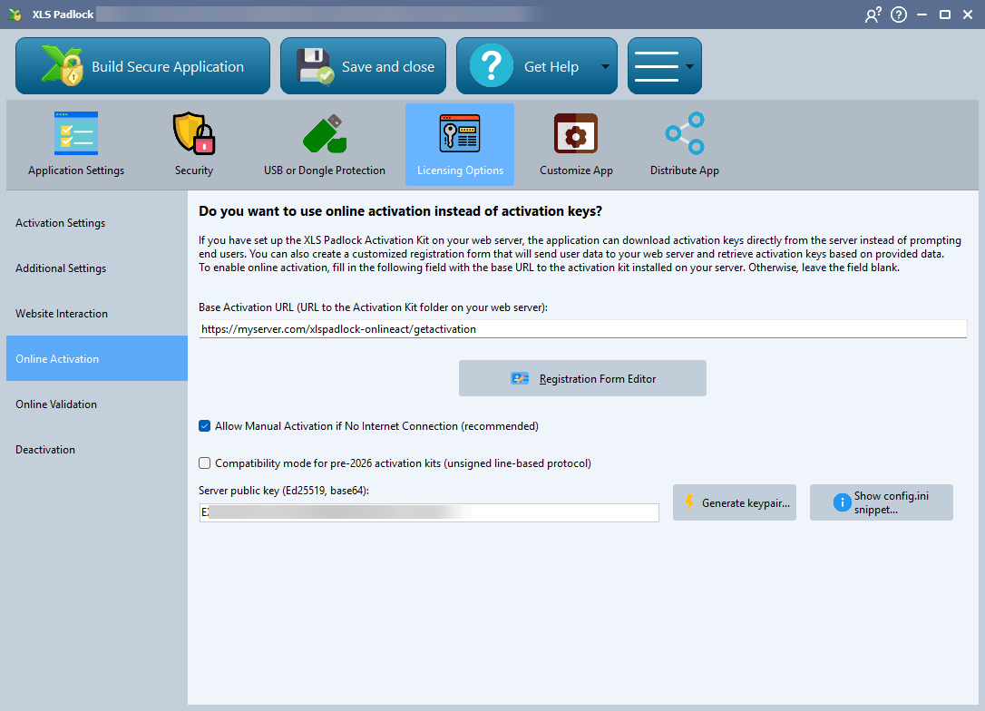 XLS Padlock Licensing Options showing the Base Activation URL and the Ed25519 server public key field