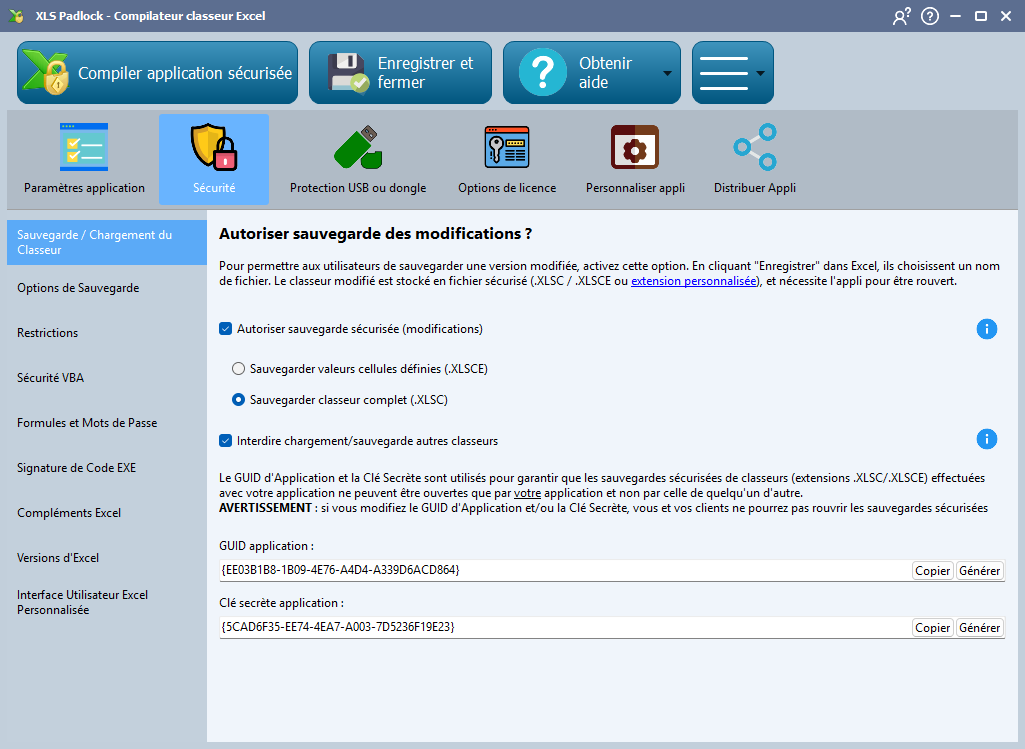 Interfaz de XLS Padlock localizada en francés