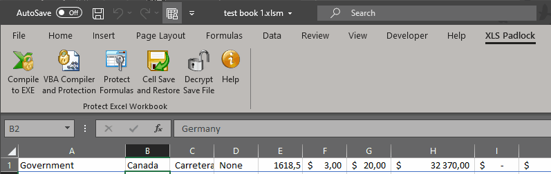 XLS Padlock ribbon inside Excel