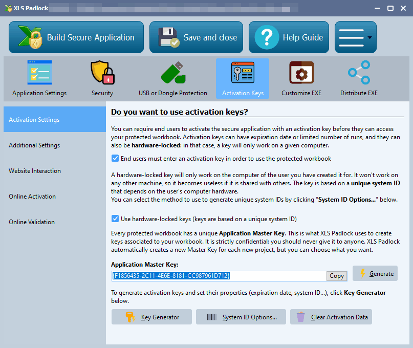 XLS Padlock activation keys interface